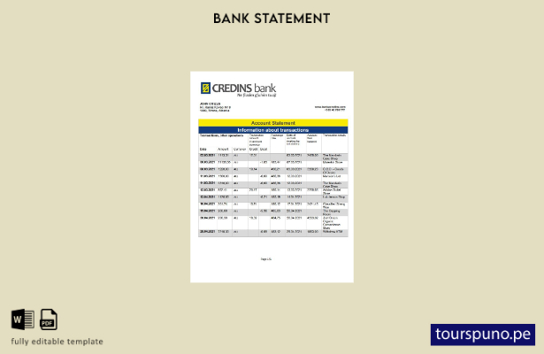 Plantilla de extracto bancario de Albania Credins lista para imprimir